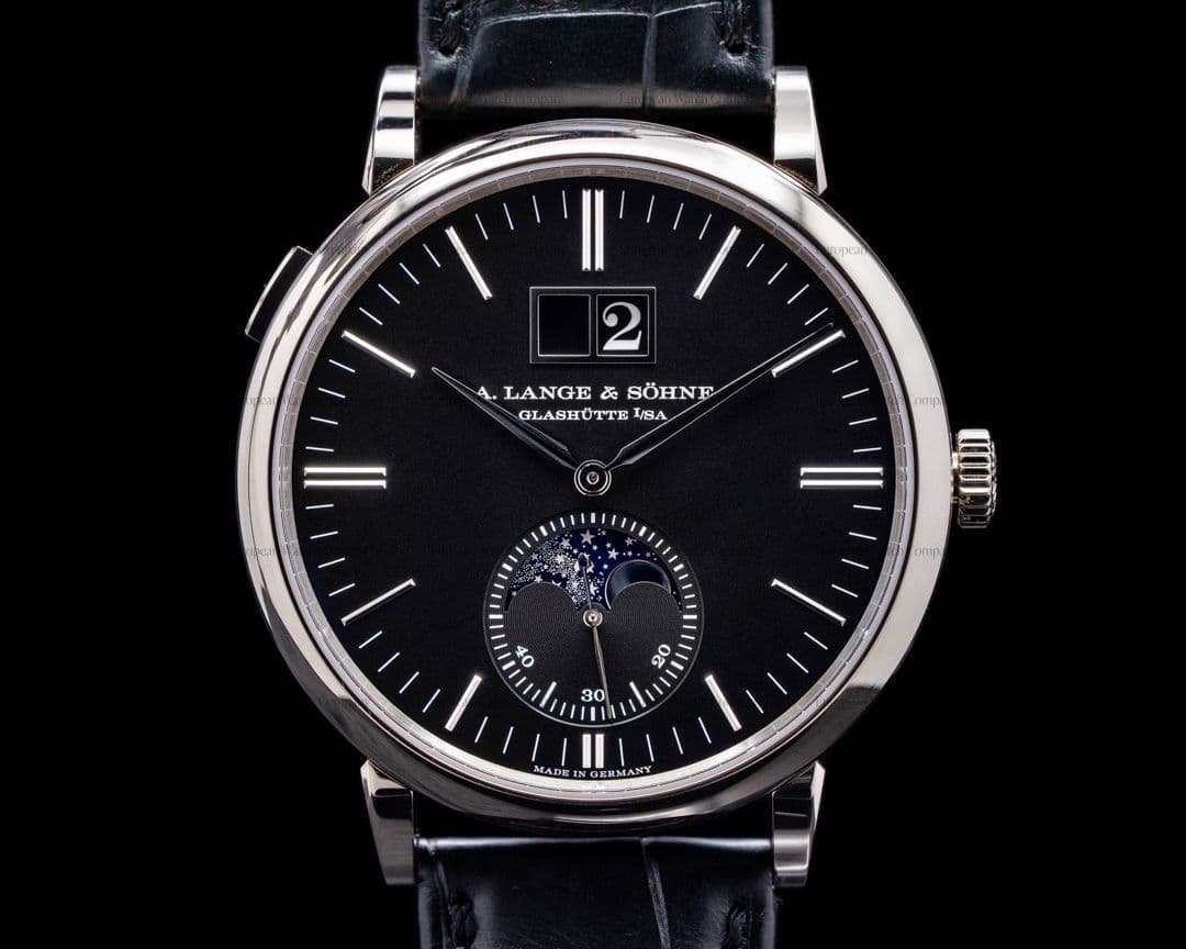 A. Lange and Sohne Saxonia Moon Phase Automatik 384.029 18K White Gold / Black Dial 