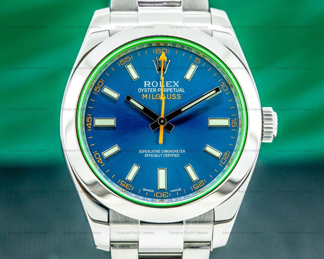 Rolex Milgauss Blue Dial Green Crystal 