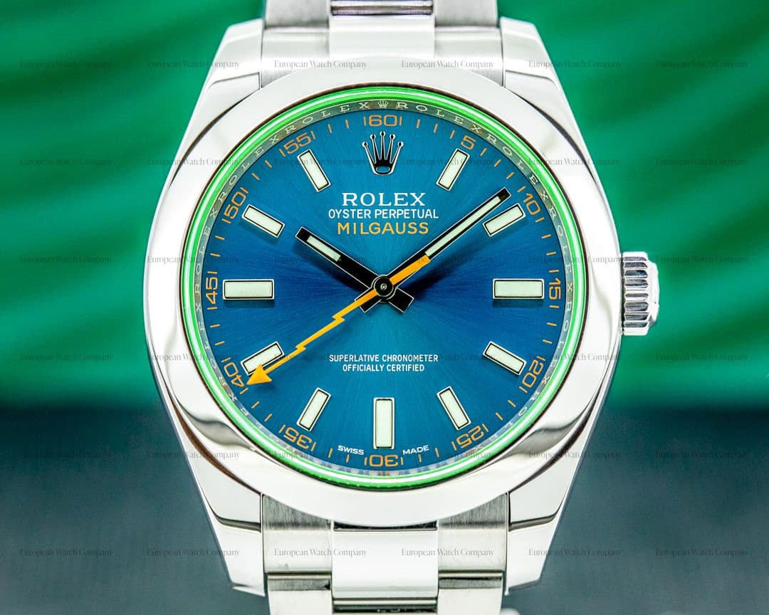 Rolex Milgauss 116400 SS Blue Dial Green Crystal
