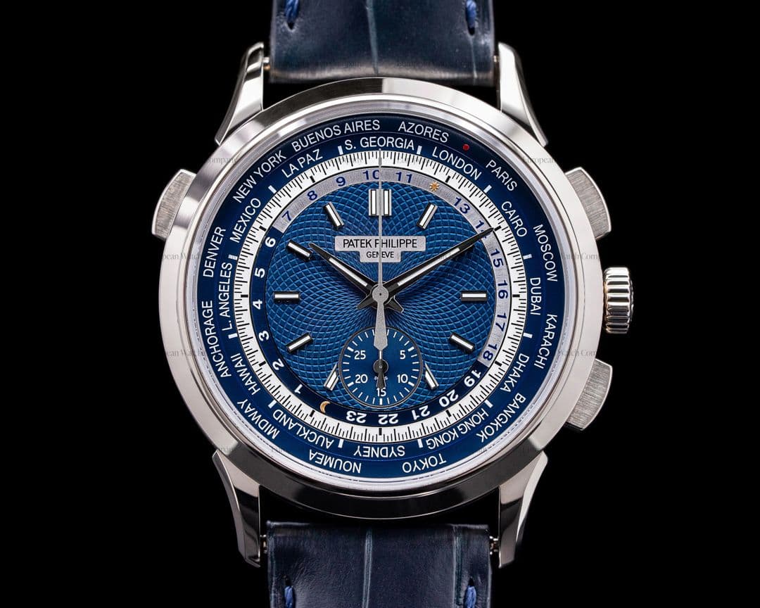 Patek Philippe World Time 5930G Chronograph 18k White Gold Blue Dial 