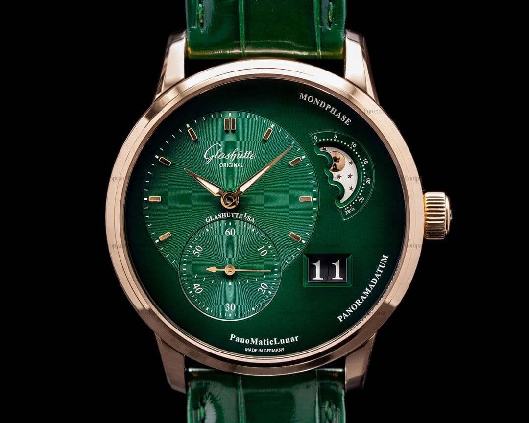 Glashutte Original PanoMaticLunar 18k Rose Gold GREEN Dial UNWORN