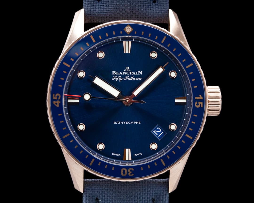 Blancpain Fifty Fathoms Bathyscaphe 18k Rose Gold Blue Dial 