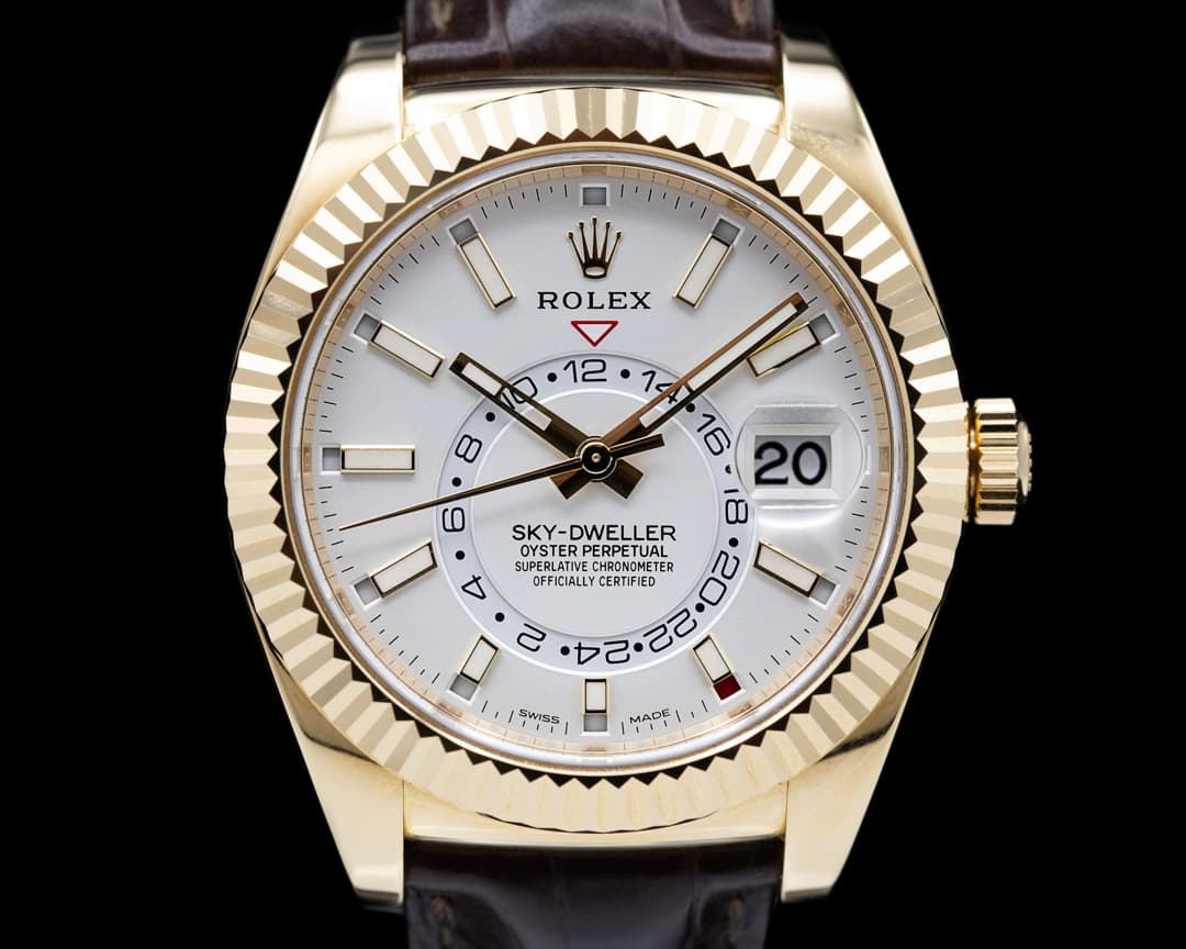 Rolex Sky Dweller 326138 Silver Dial 18k Yellow Gold / Alligator UNWORN 
