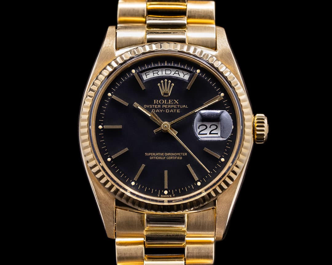 Rolex Day Date Black Dial 18k YG Oyster Bracelet FULL SET 1972