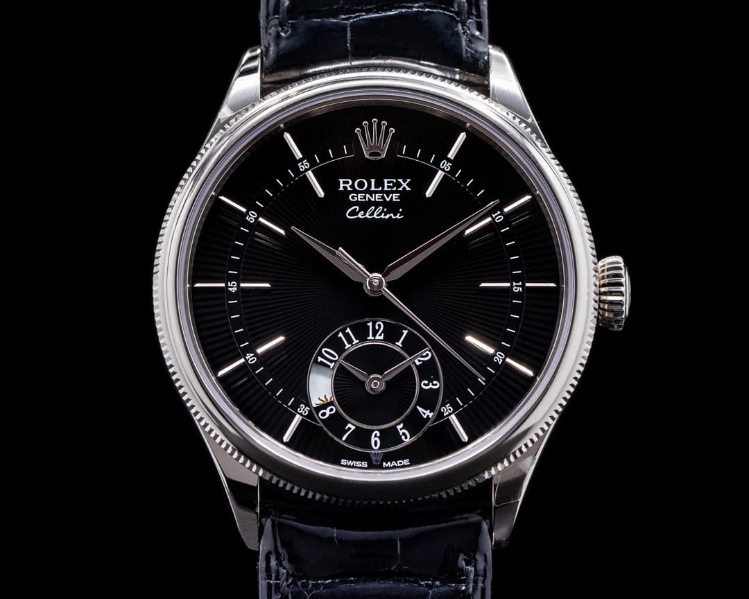 Rolex Cellini 50529 Dual Time Black Guilloche 18K White Gold UNWORN