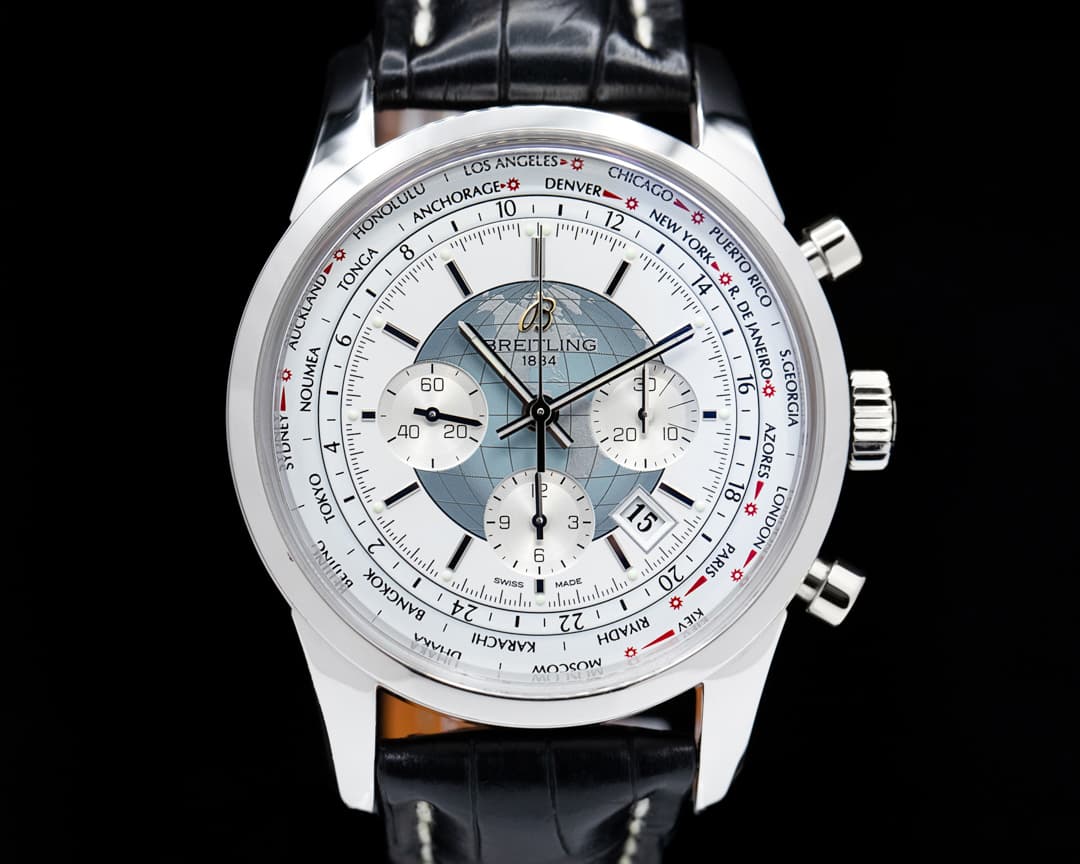 Breitling TransOcean Chronograph Unitime Silver Dial SS Alligator