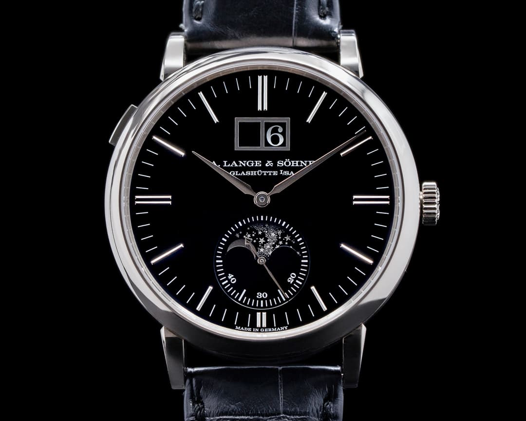 A. Lange and Sohne Saxonia Moon Phase Automatik 384.029 18K White Gold / Black Dial 
