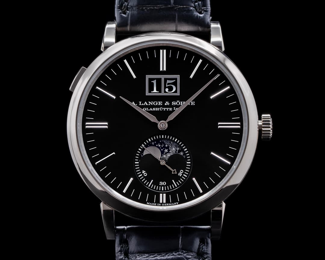 A. Lange and Sohne Saxonia Moon Phase Automatik 384.029 18K White Gold / Black Dial 