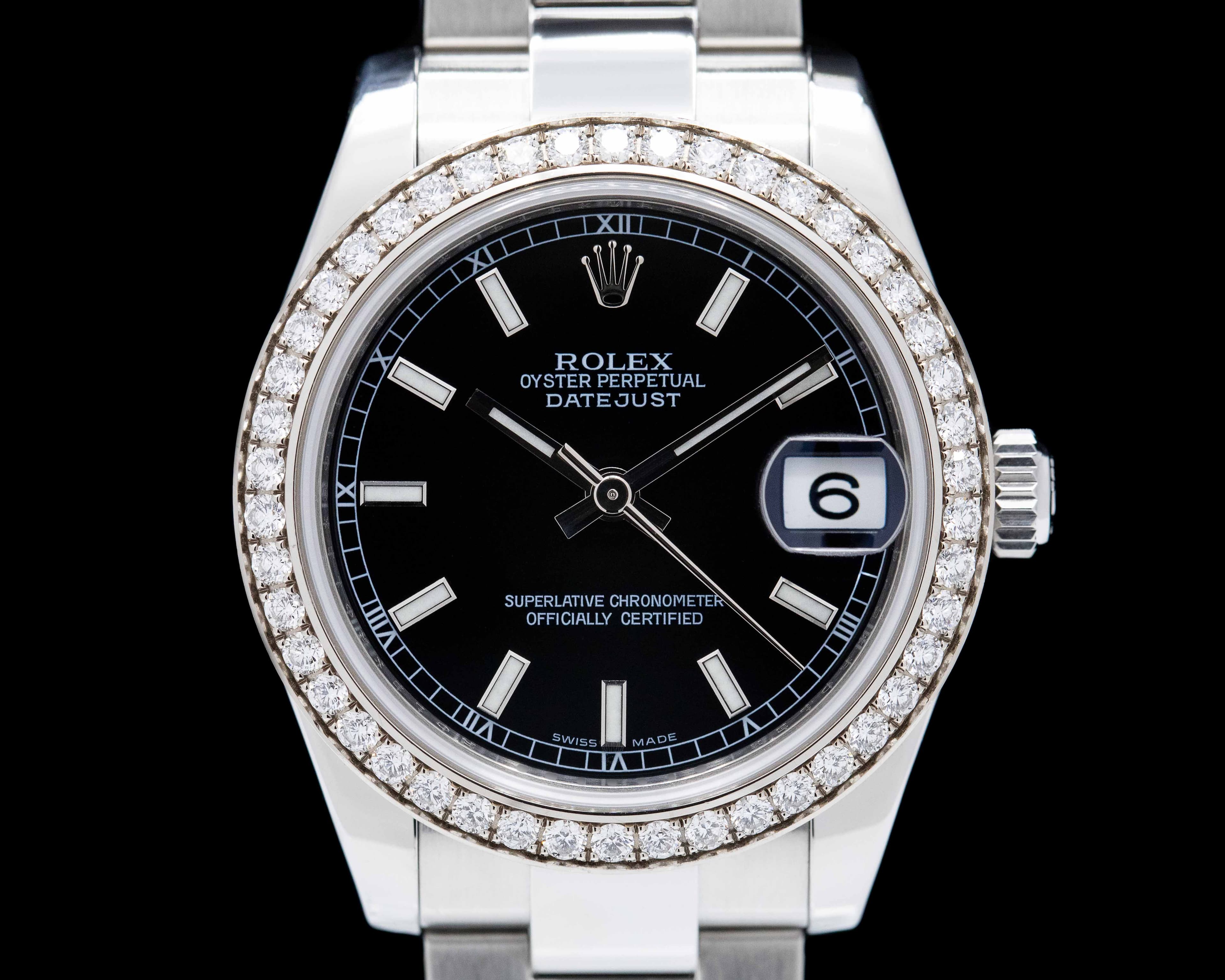 Rolex Ladies Midsize Rolex Datejust Black dial with factory diamond bezel 