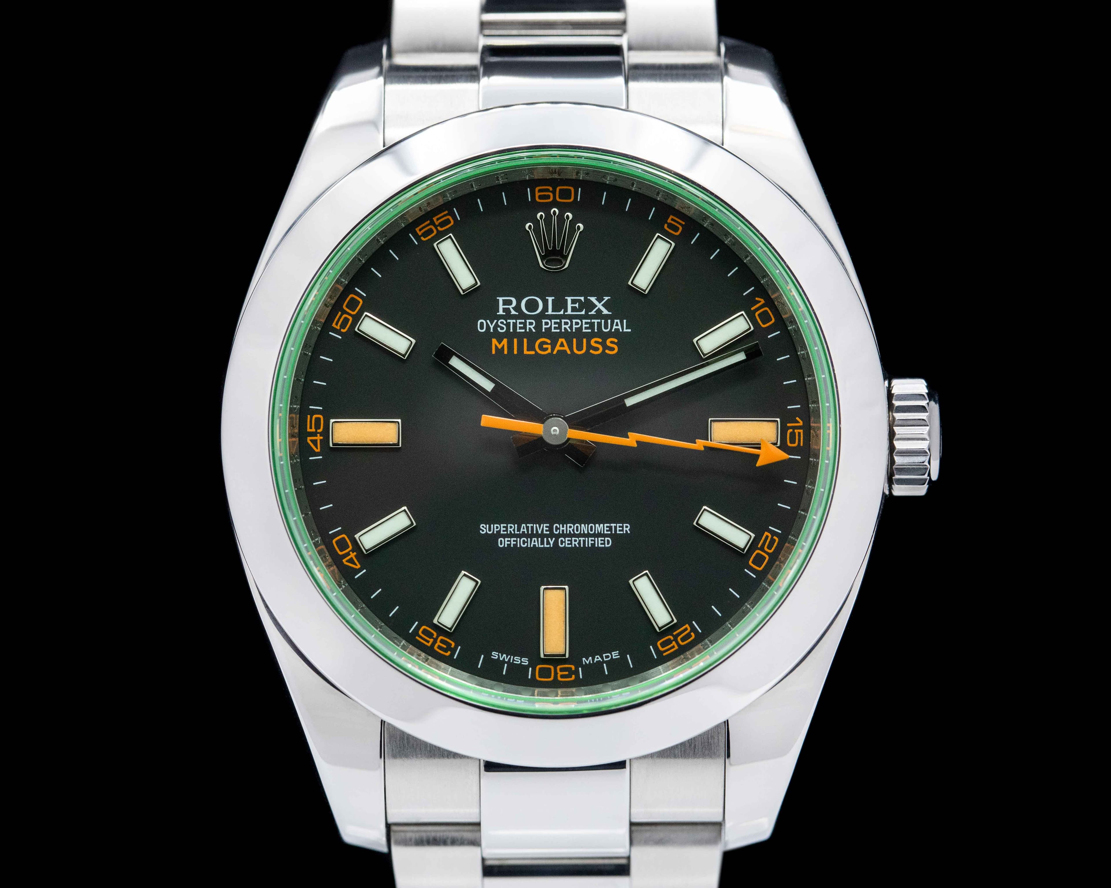 Rolex Milgauss 116400V SS Black Dial Green Crystal 
