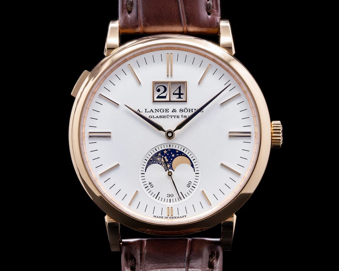 A. Lange and Sohne Saxonia 384.032 Moon Phase Automatik 18K Rose Gold Silver Dial