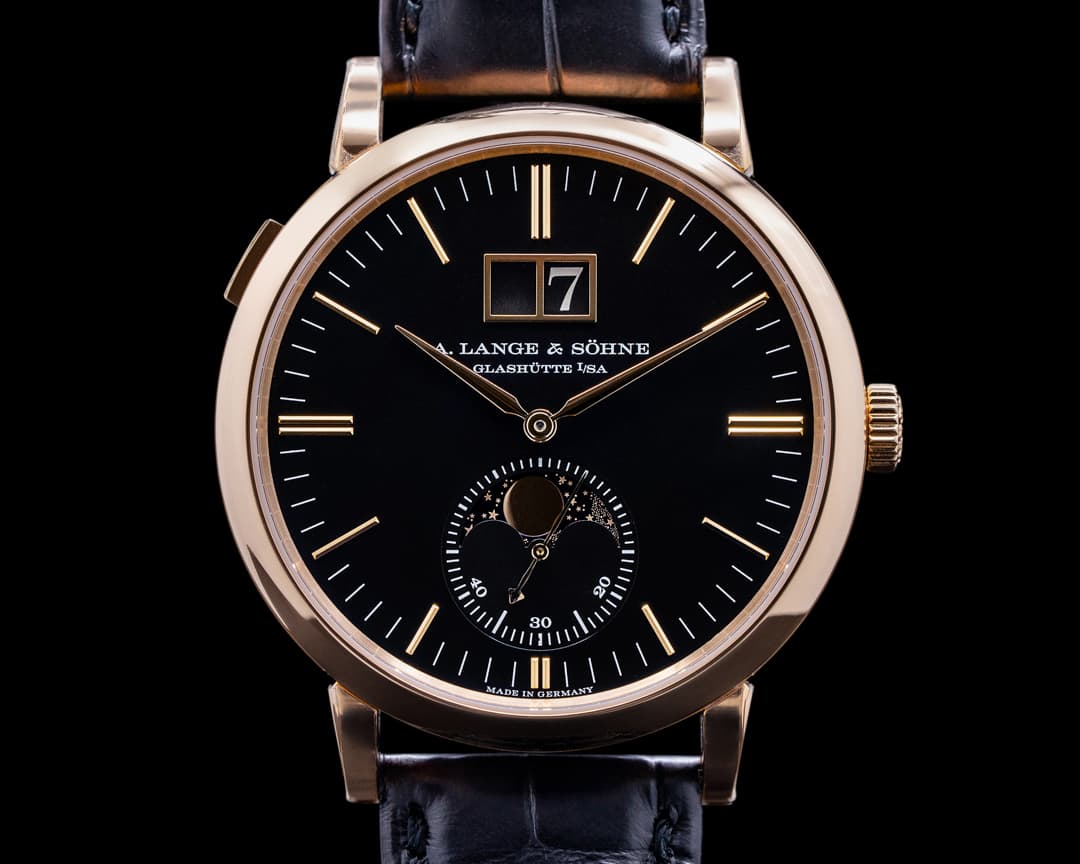 A. Lange and Sohne Saxonia Moon Phase Automatik 18K Rose Gold / Black Dial 