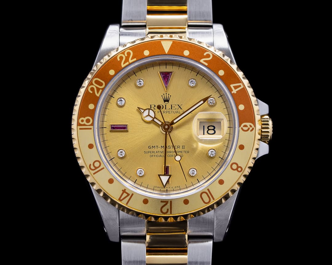 Rolex GMT Master II 16713 Root Beer Serti Dial 18K / SS VERY SHARP & BOX/PAPER