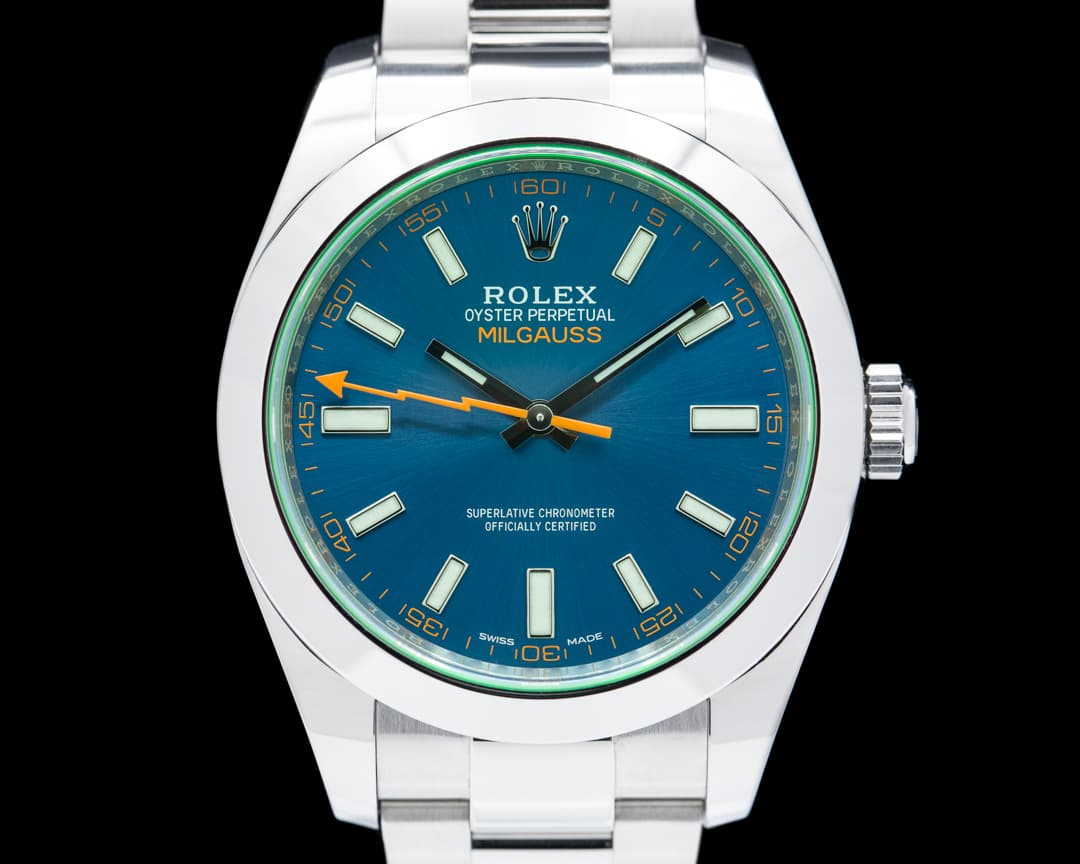 Rolex Milgauss SS Blue Dial Green Crystal UNWORN