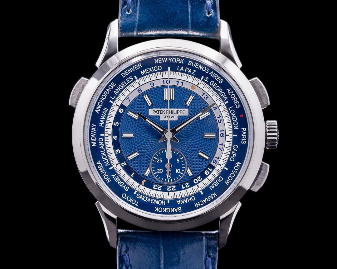 Patek Philippe World Time 5930G Chronograph 18k White Gold Blue Dial 