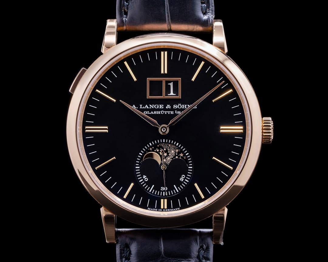 A. Lange and Sohne Saxonia Moon Phase Automatik 18K Rose Gold / Black Dial 