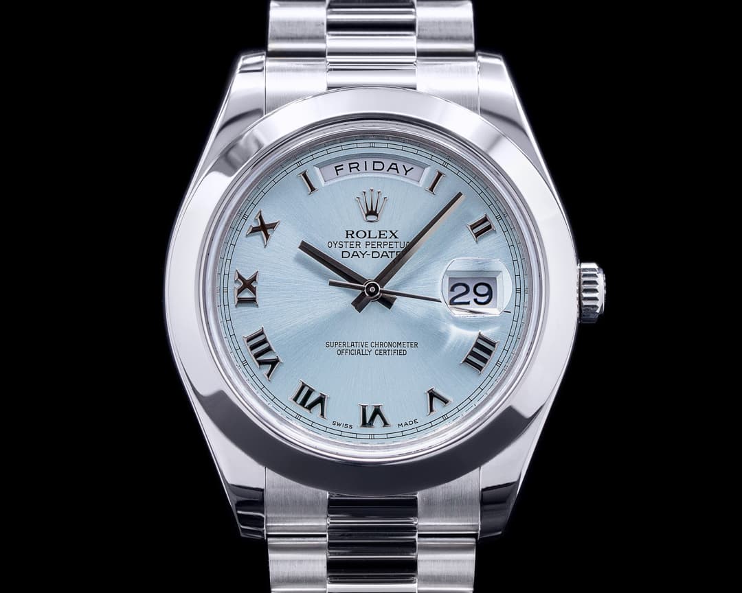 Rolex Platinum 218206 Day Date II Glacier Dial Roman Numerals 