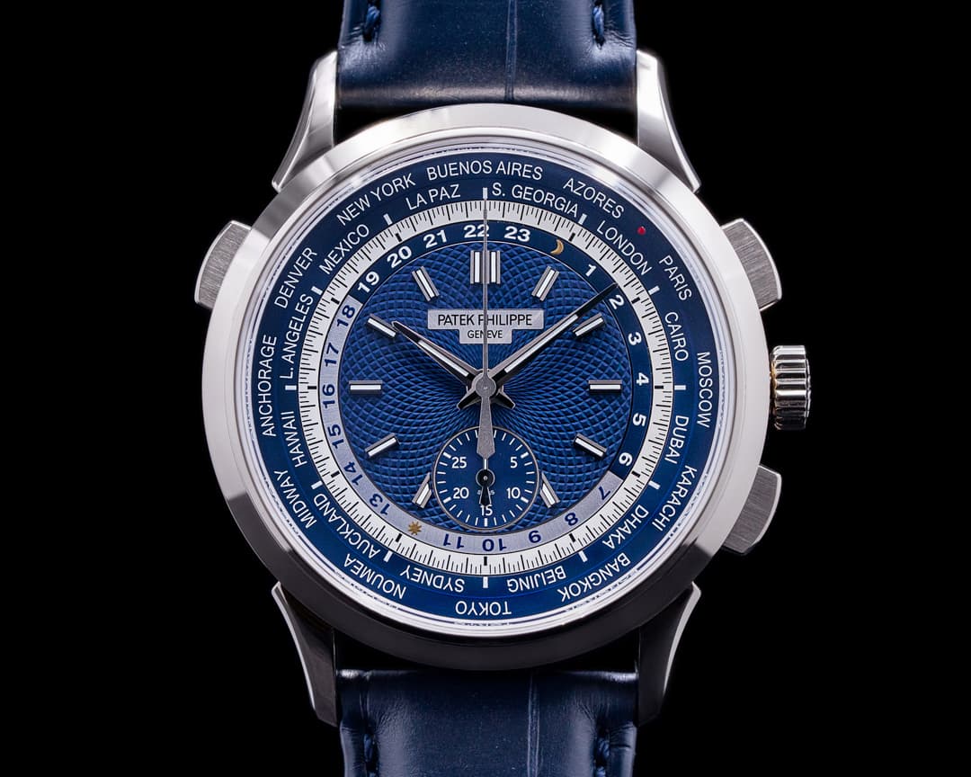Patek Philippe World Time 5930G Chronograph 18k White Gold Blue Dial 2021