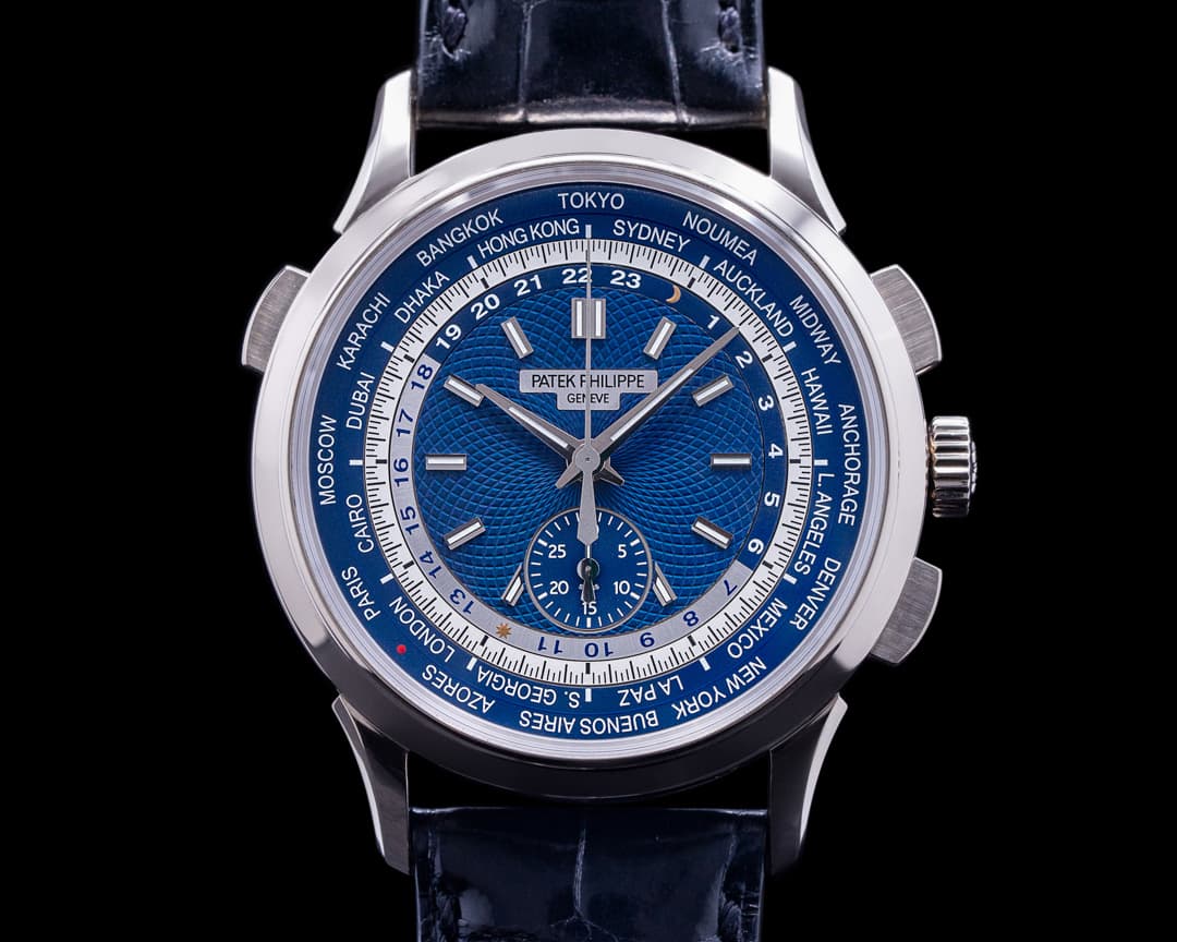 Patek Philippe World Time 5930G Chronograph 18k White Gold Blue Dial 