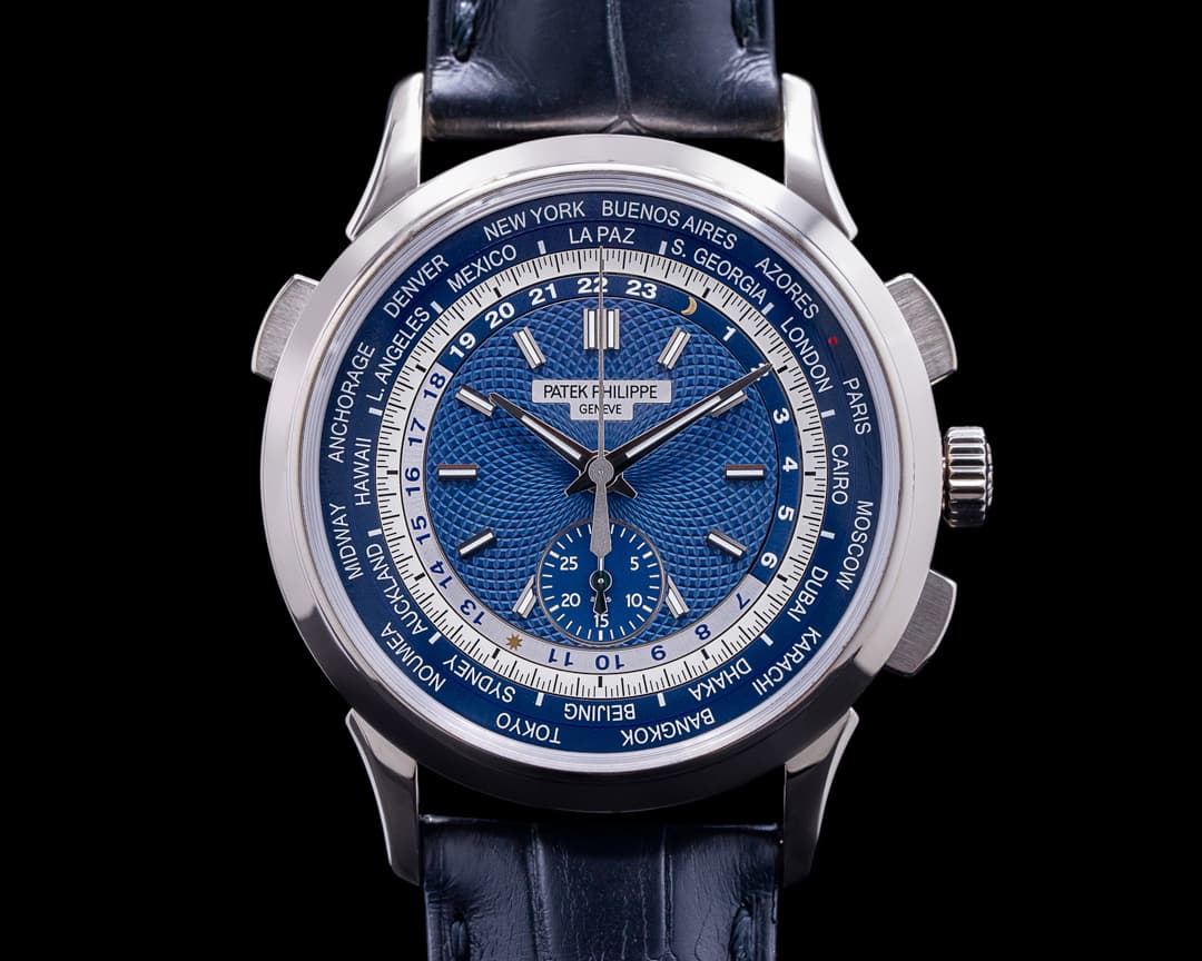 Patek Philippe World Time 5930G Chronograph 18k White Gold Blue Dial 