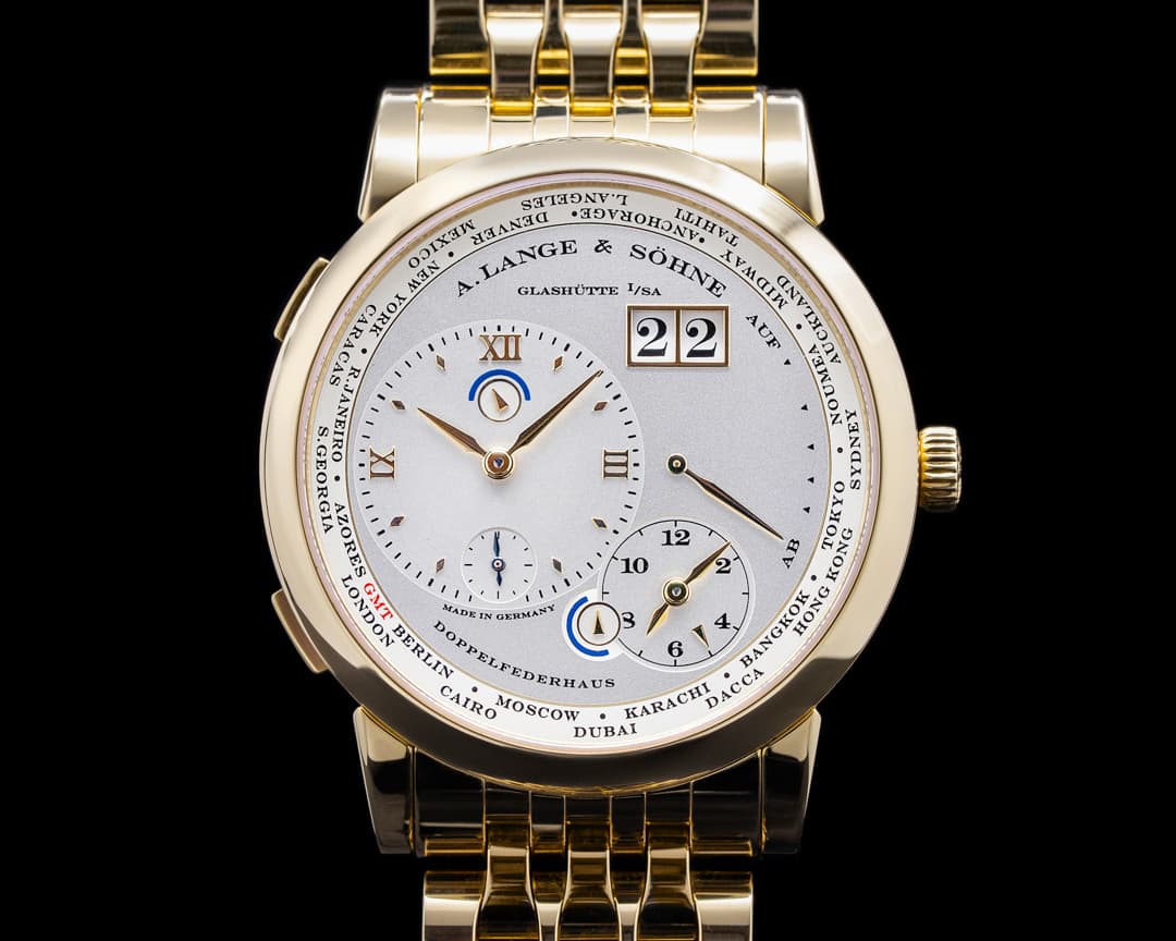 A. Lange and Sohne Lange 1 Time Zone 116.321 Yellow Gold + Bracelet VERY RARE