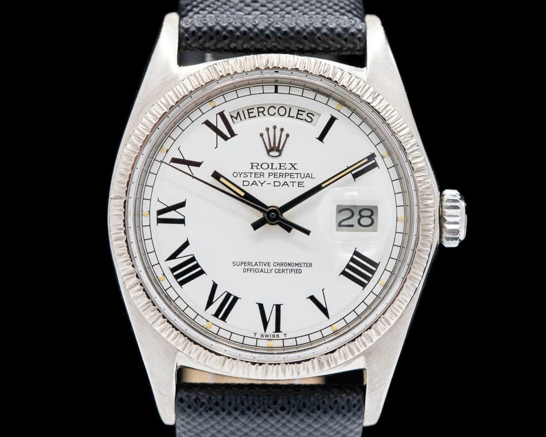Rolex 18k White Gold Day-Date Bark Finish White Buckley Dial 1807 Rare 1968