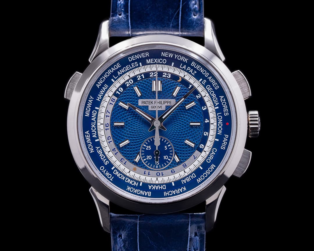 Patek Philippe World Time 5930G Chronograph 18k White Gold Blue Dial 