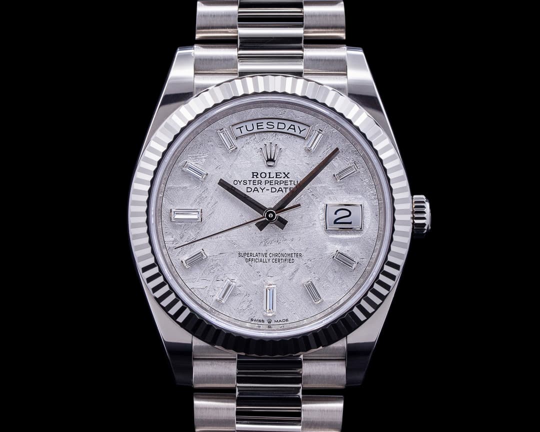 Rolex Day Date 228239 President 18K White Gold Meteorite Baguette Dial