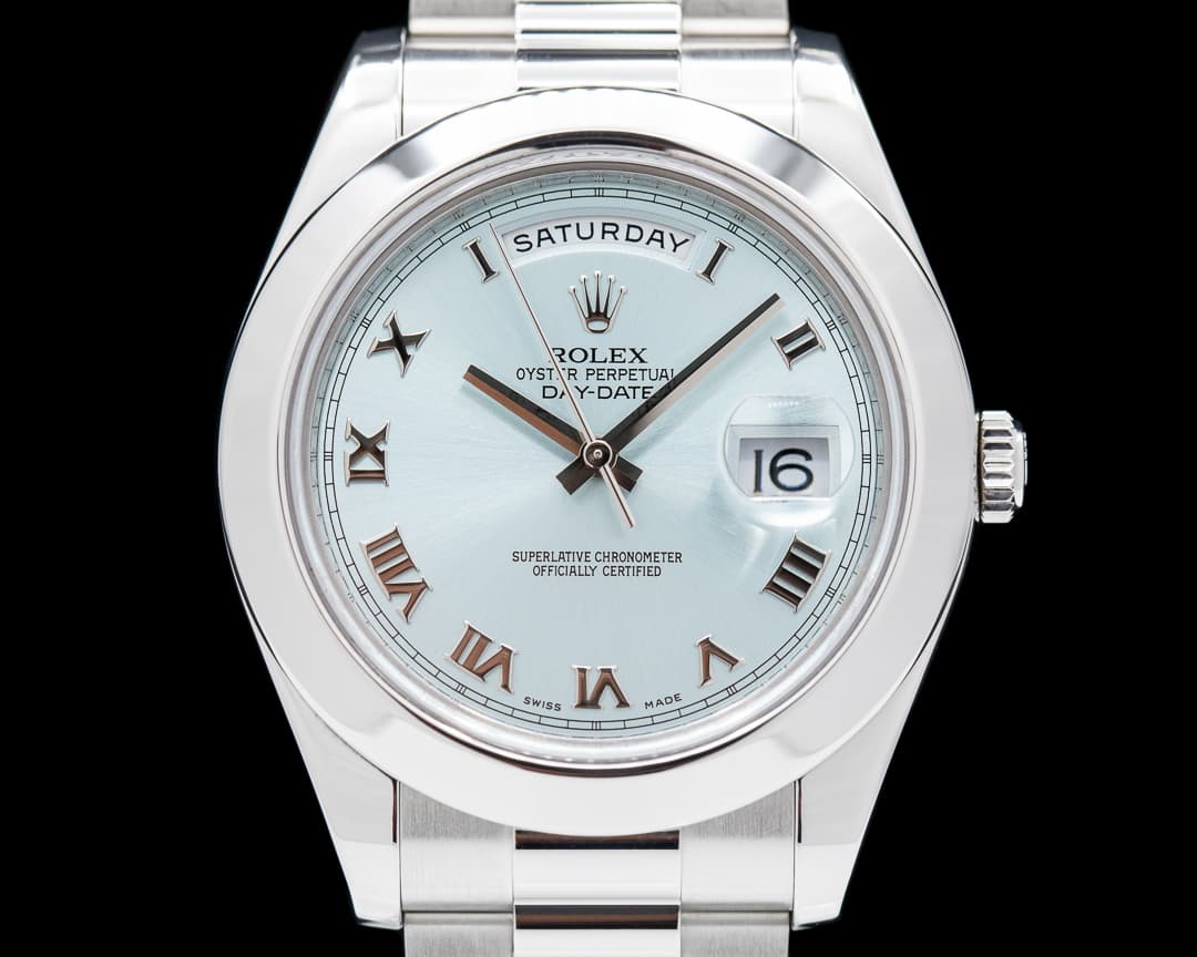 Rolex Platinum 218206 Day Date II Glacier Dial Roman Numerals 