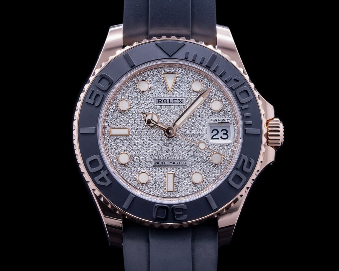 Rolex Yacht Master 18K Rose Gold / Rubber MIDSIZE PAVE DIAL 37MM 