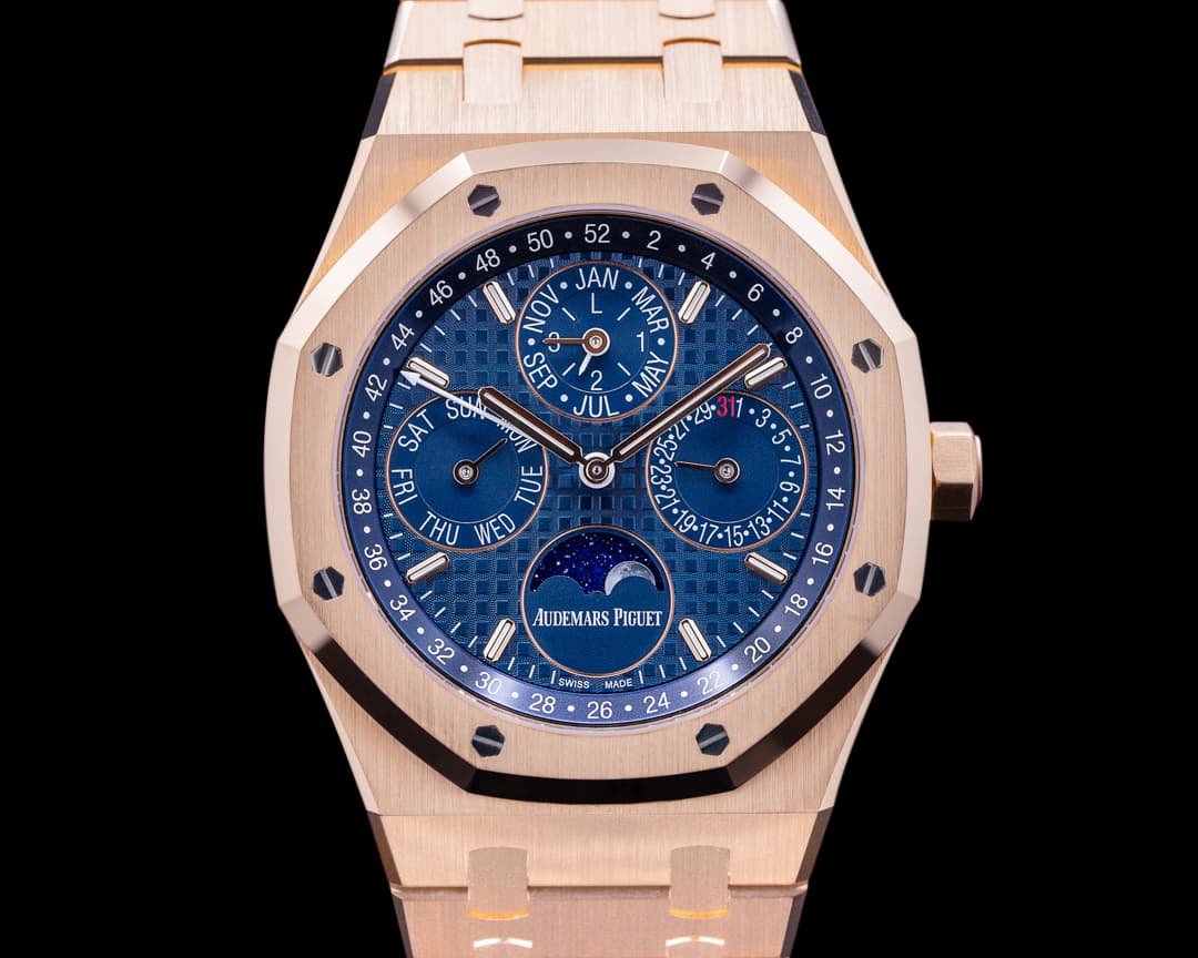 Audemars Piguet Royal Oak 26574OR Perpetual Calendar 18k Rose Gold Blue Dial UNWORN