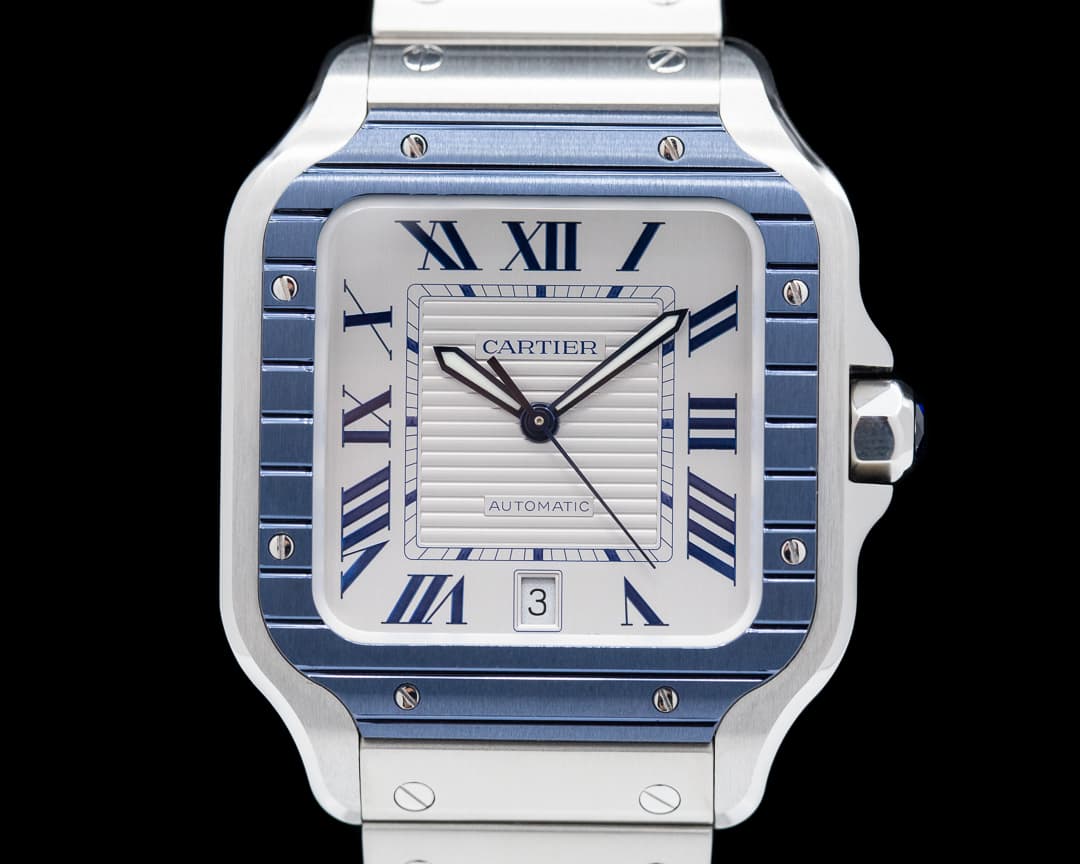 Cartier Santos Large SS / SS White Dial Blue Bezel Automatic UNWORN