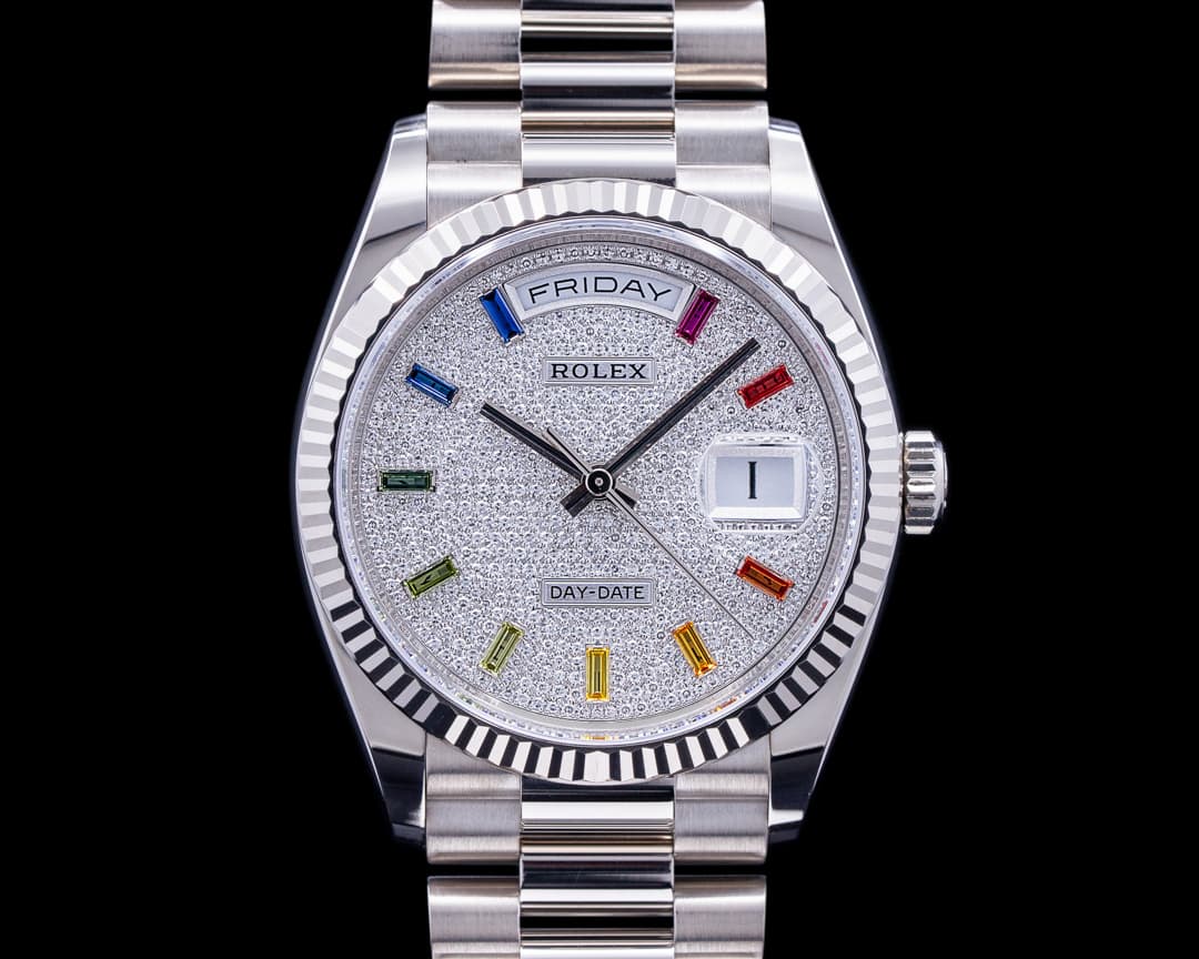 Rolex Day Date President 36MM 128239 Pave RAINBOW 18K White Gold 2022