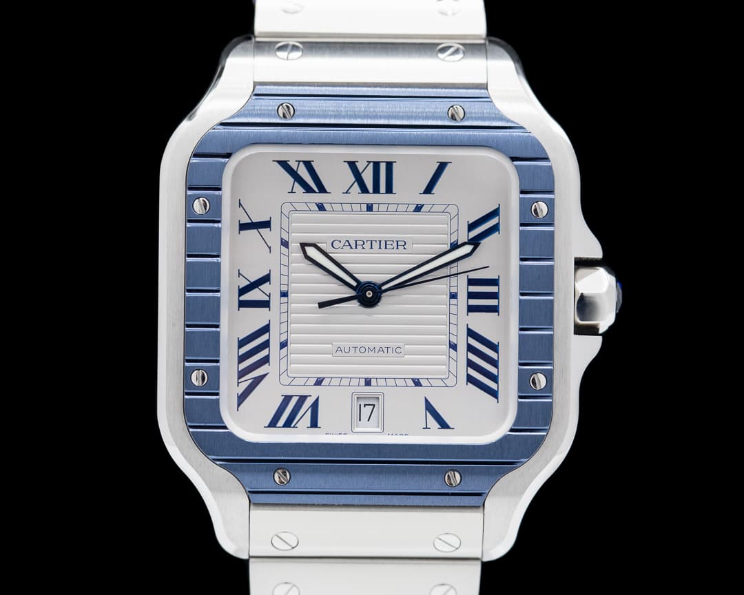Cartier Santos Large SS / SS White Dial Blue Bezel Automatic 