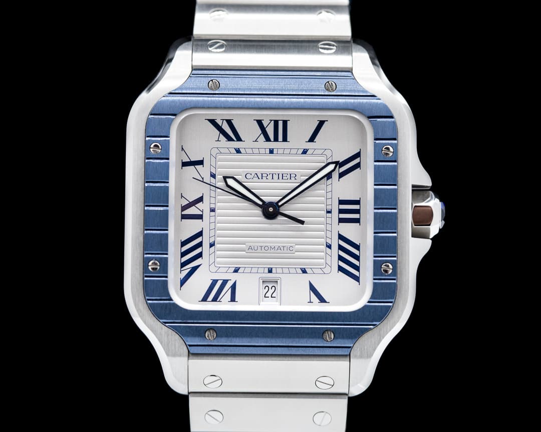 Cartier Santos Large SS / SS White Dial Blue Bezel Automatic 