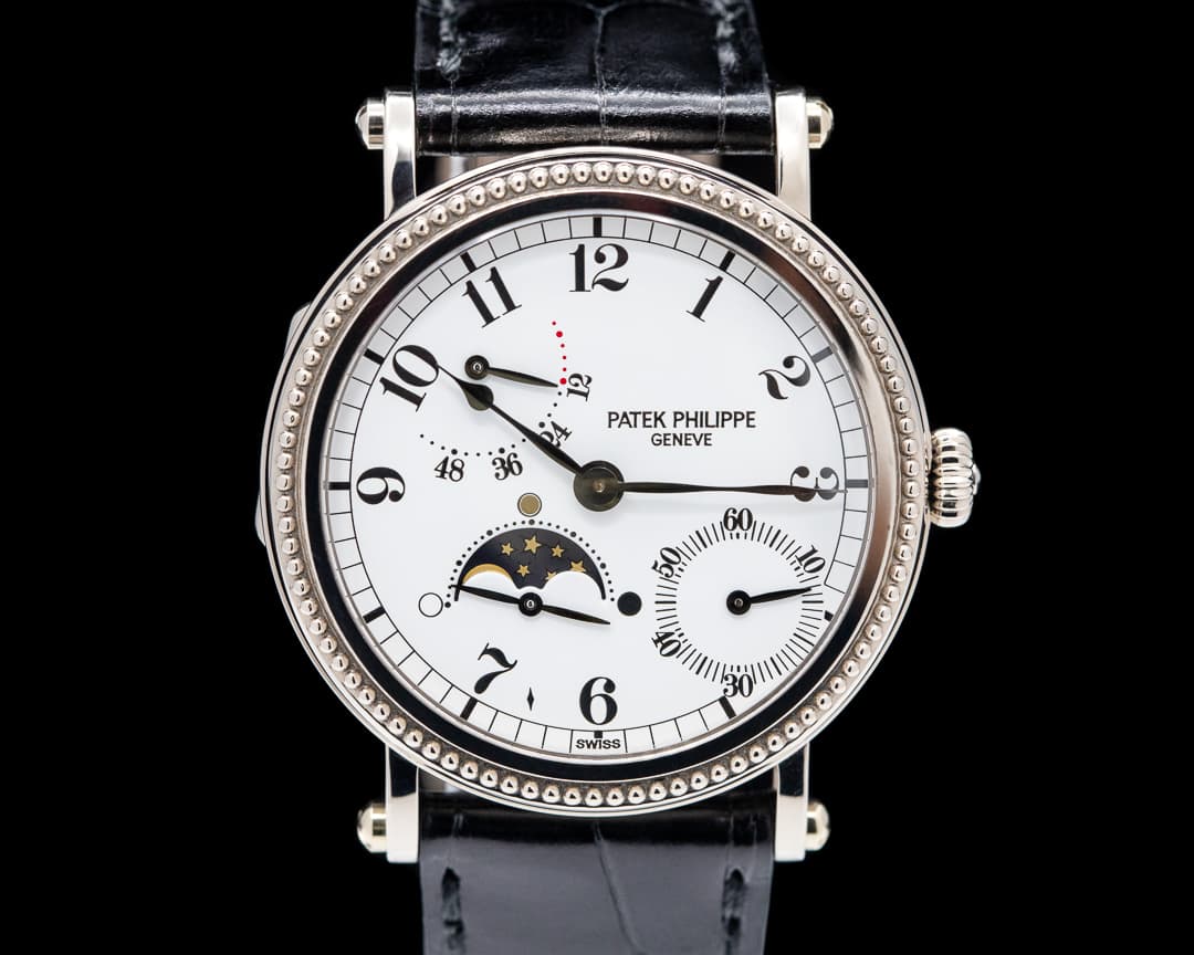 Patek Philippe Moonphase 5015G Power Reserve White Gold Hobnail Bezel