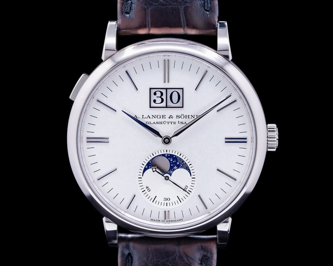 A. Lange and Sohne Saxonia Moon Phase 384.026 Automatik 18K White Gold / Silver Dial 