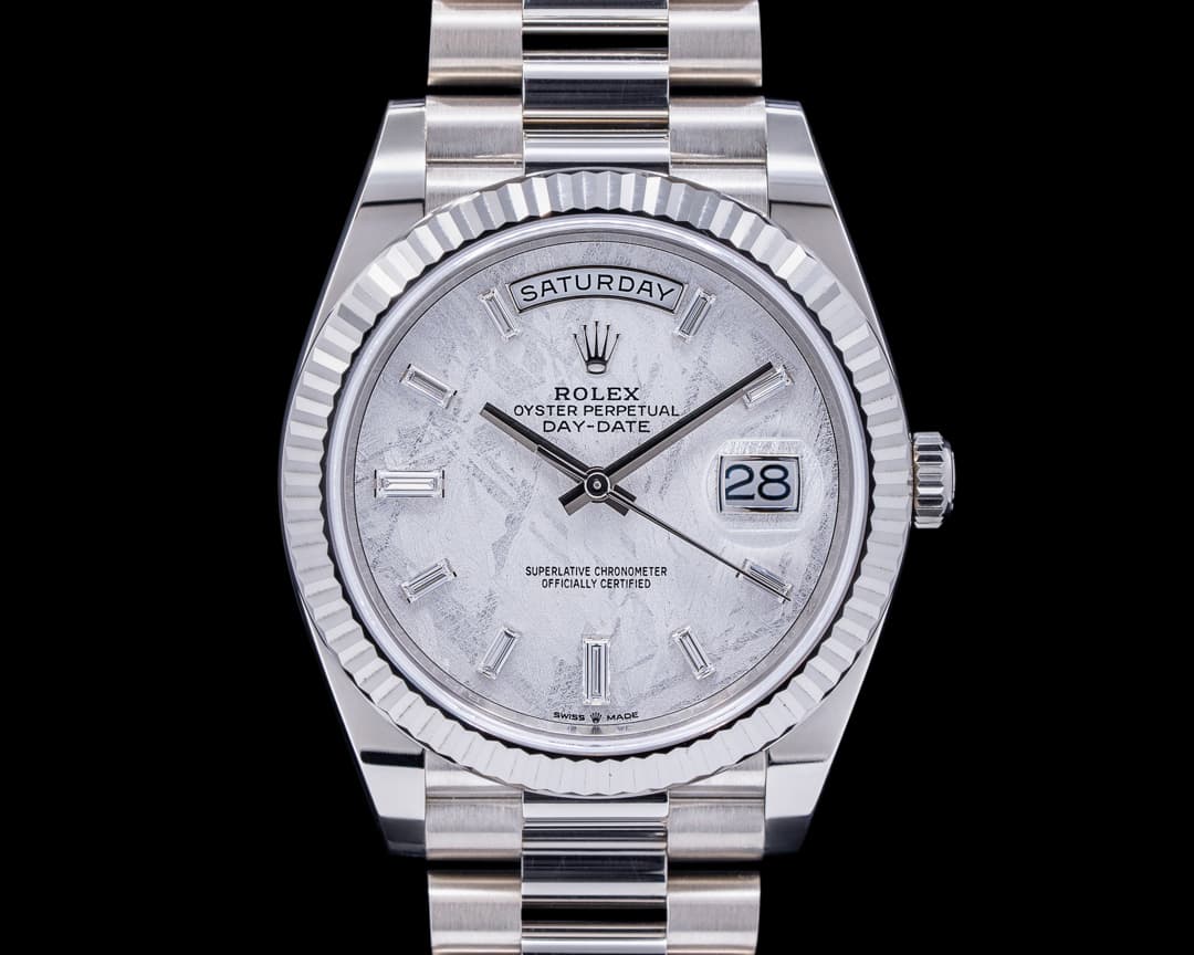 Rolex Day Date 228239 President 18K White Gold Meteorite Baguette Dial