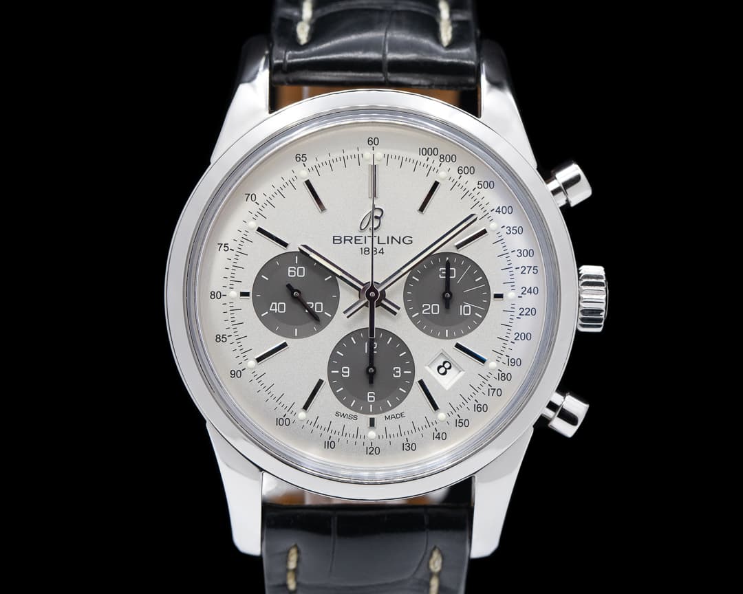 Breitling Transocean Chronograph SS/Strap Silver Dial