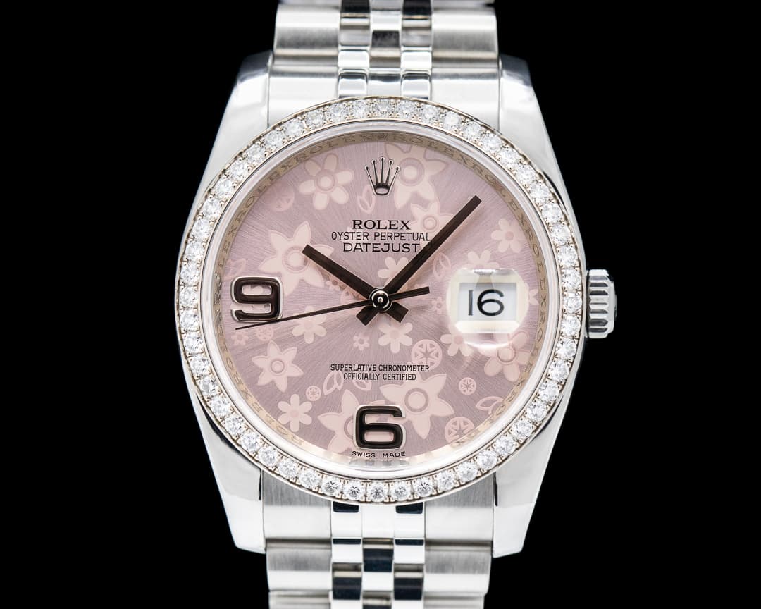 Rolex Datejust Pink Floral Motif Dial Diamond Bezel SS