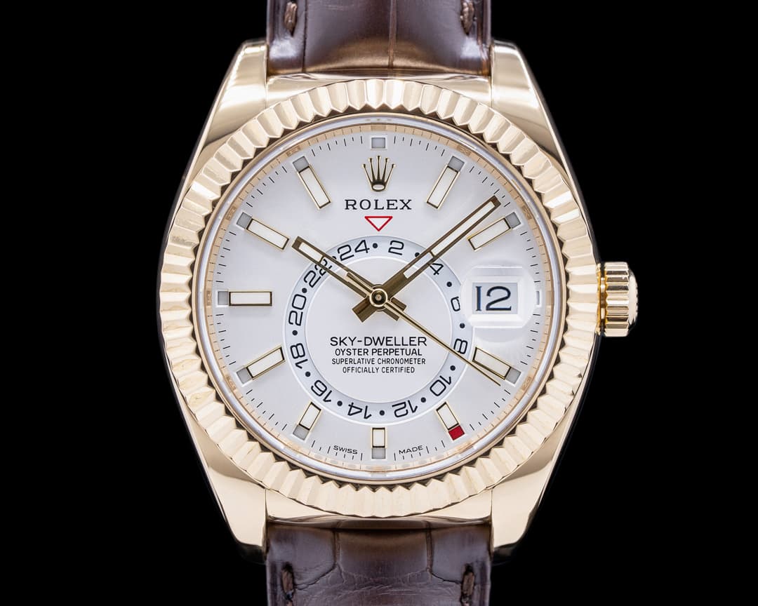 Rolex Sky Dweller Silver Dial 18k Yellow Gold / Alligator  