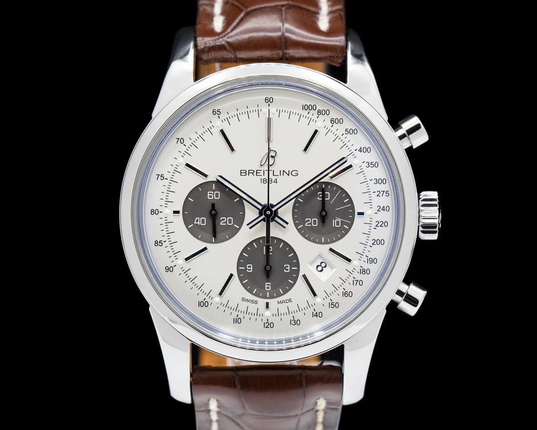 Breitling Transocean Chronograph SS/Strap Silver Dial