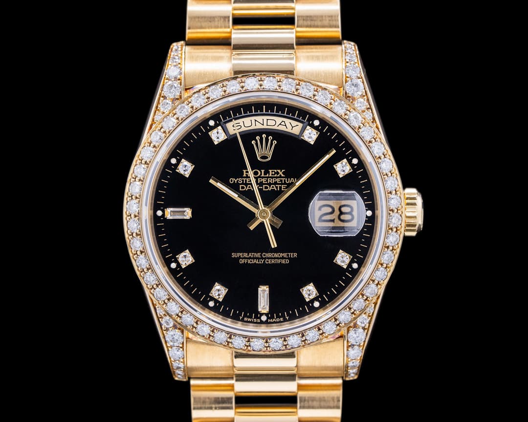 Rolex Day Date 18388 18K Yellow Gold Black Diamond Dial RARE 