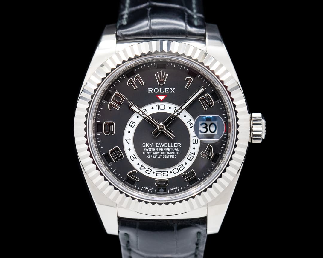 Rolex Sky Dweller 326139 Black Dial 18k White Gold / Alligator  