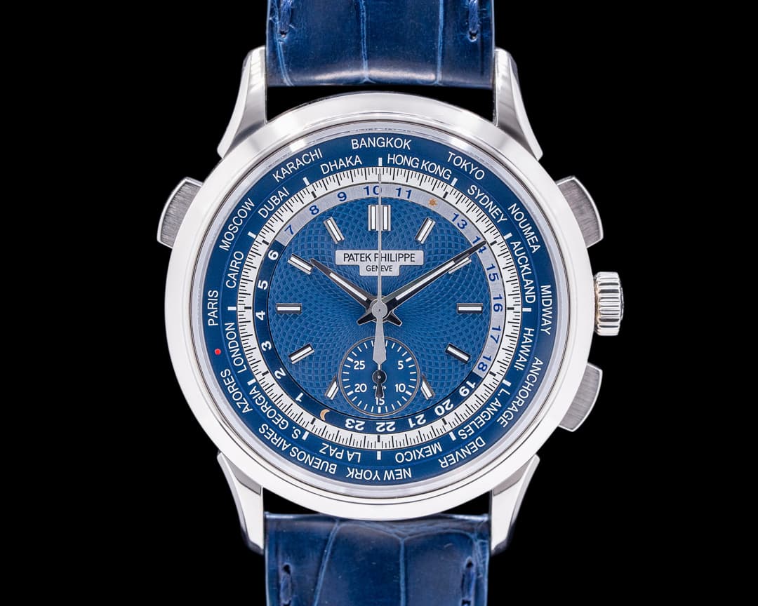 Patek Philippe World Time 5930G Chronograph 18k White Gold Blue Dial