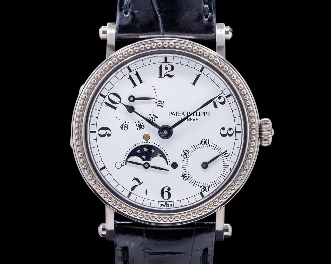 Patek Philippe Moonphase 5015G Power Reserve White Gold Hobnail Bezel