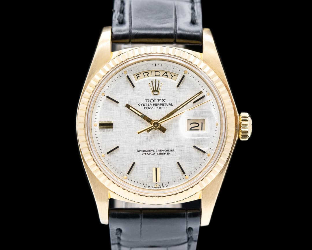 Rolex 1803 Day Date 18K YG Linen Dial circa 1978 SERVICED