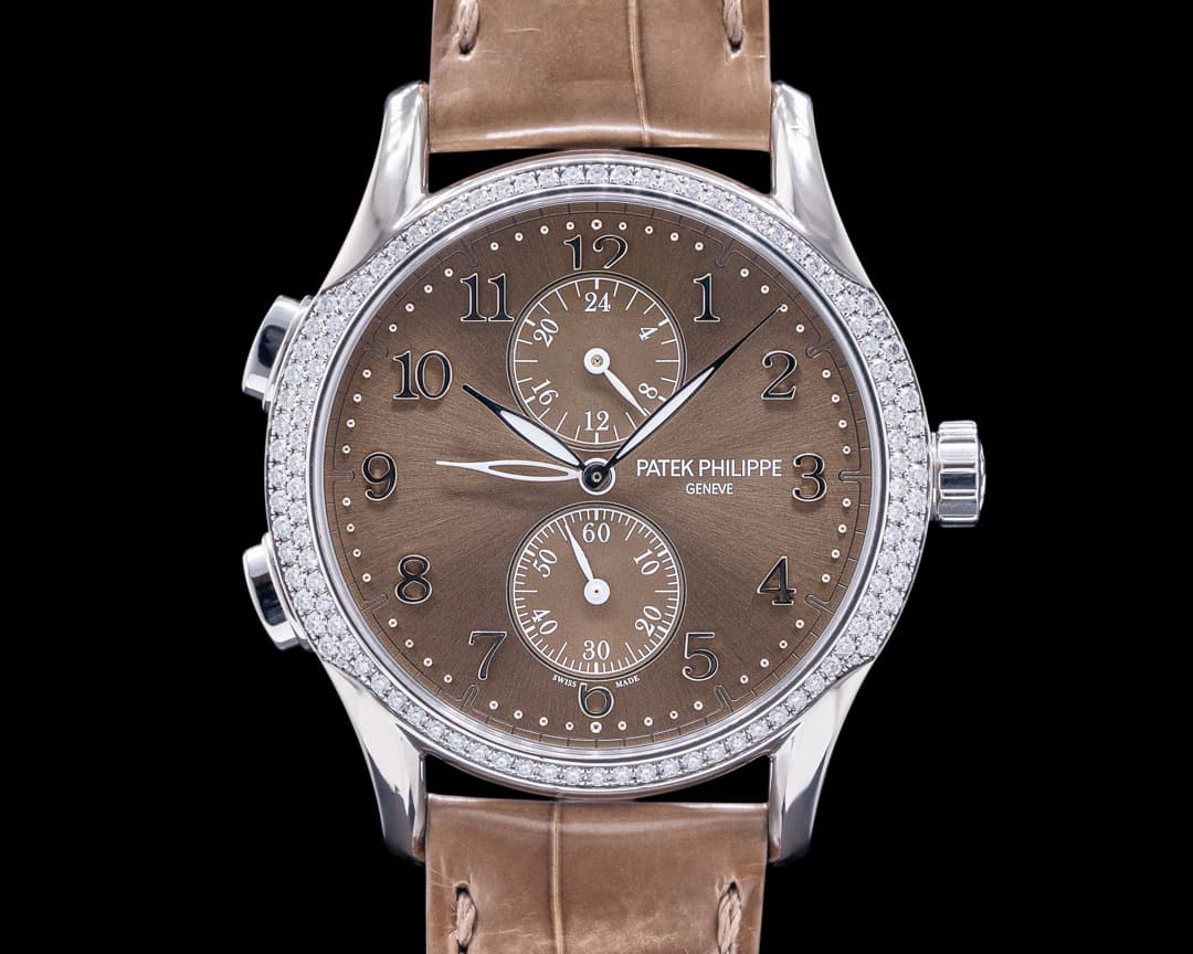 Patek Philippe Calatrava Travel Time 18k White Gold Diamond Bezel 7134G-001