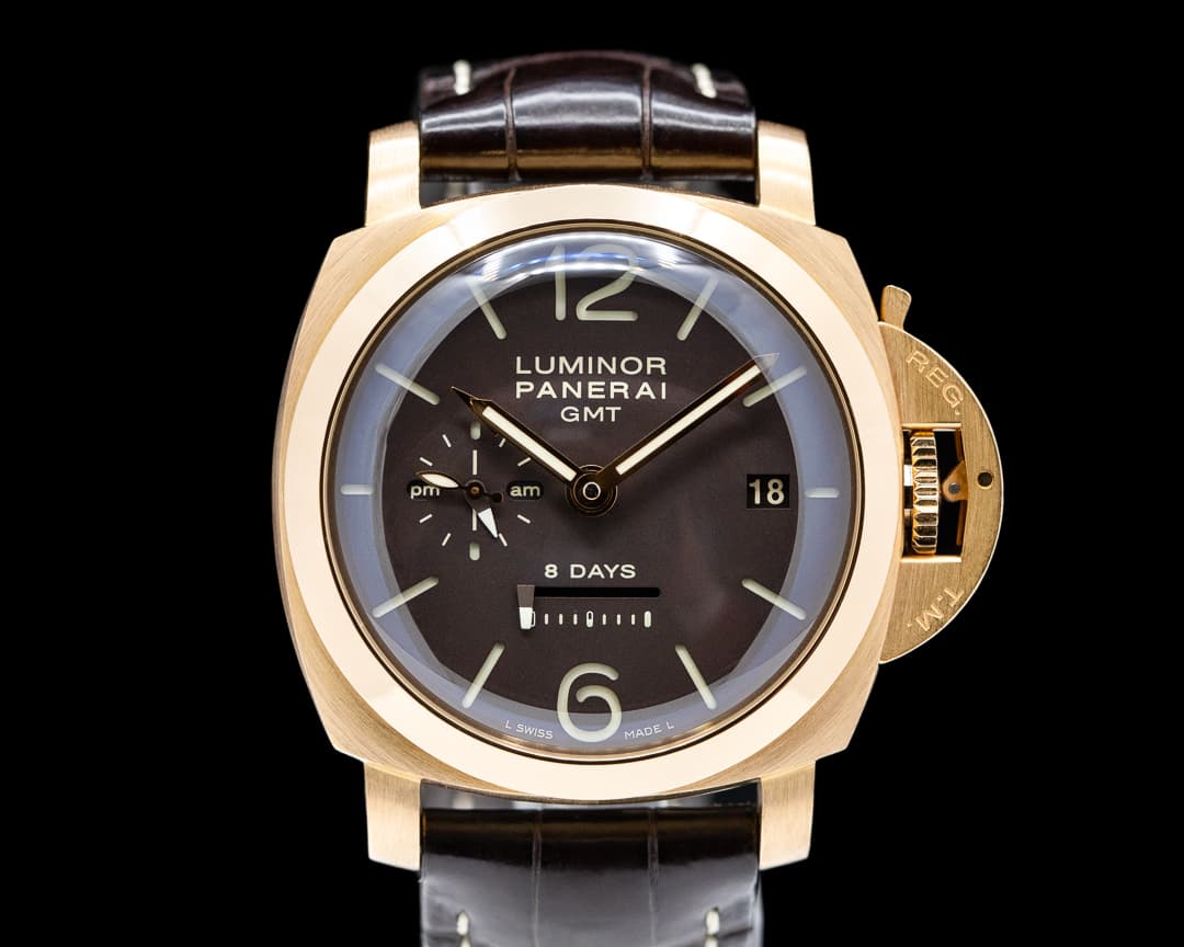 Panerai Luminor 1950 Pam 289 8 Day GMT, 18K Rose Gold Brown Dial Manual Wind 44M