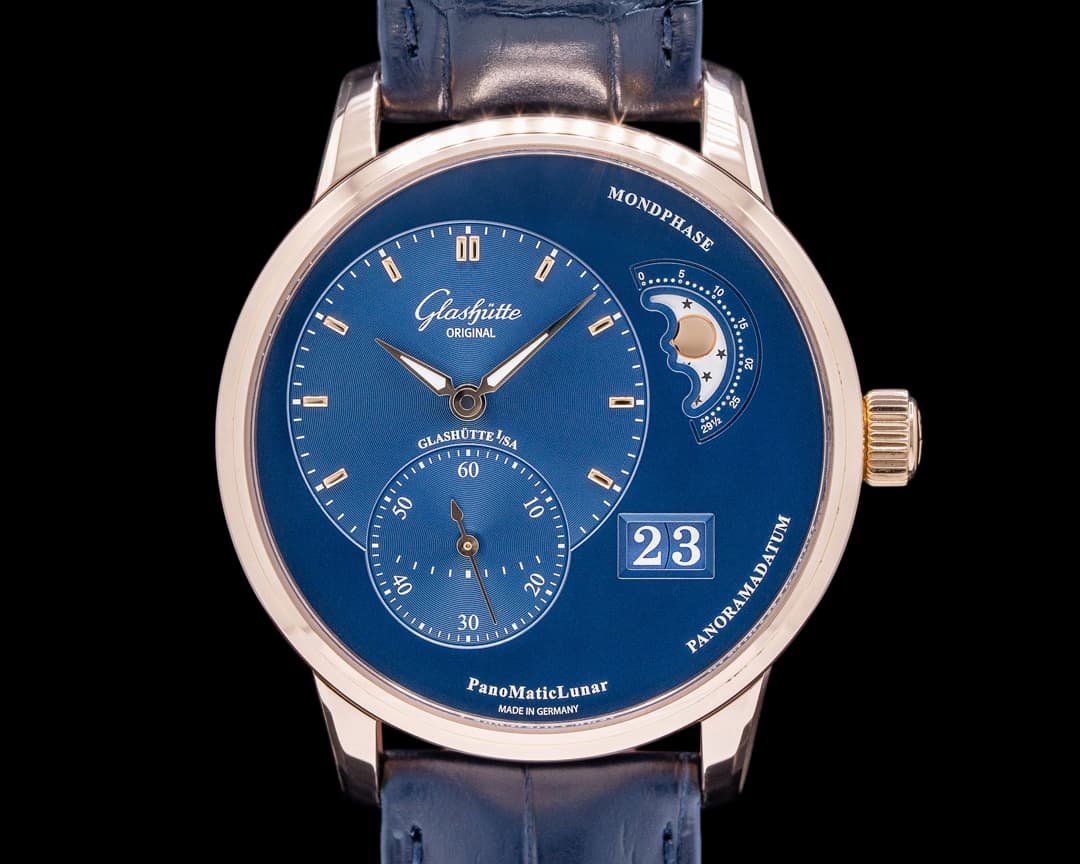 Glashutte Original PanoMatic Lunar Rose Gold Blue Dial Deployant NICE